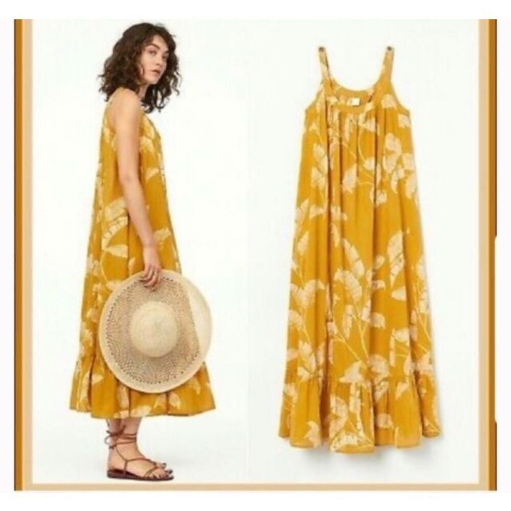 H&M Sleeveless Hawaiian Floral Cotton Flowy Maxi Dress Yellow SZ 2 - Picture 1 of 11